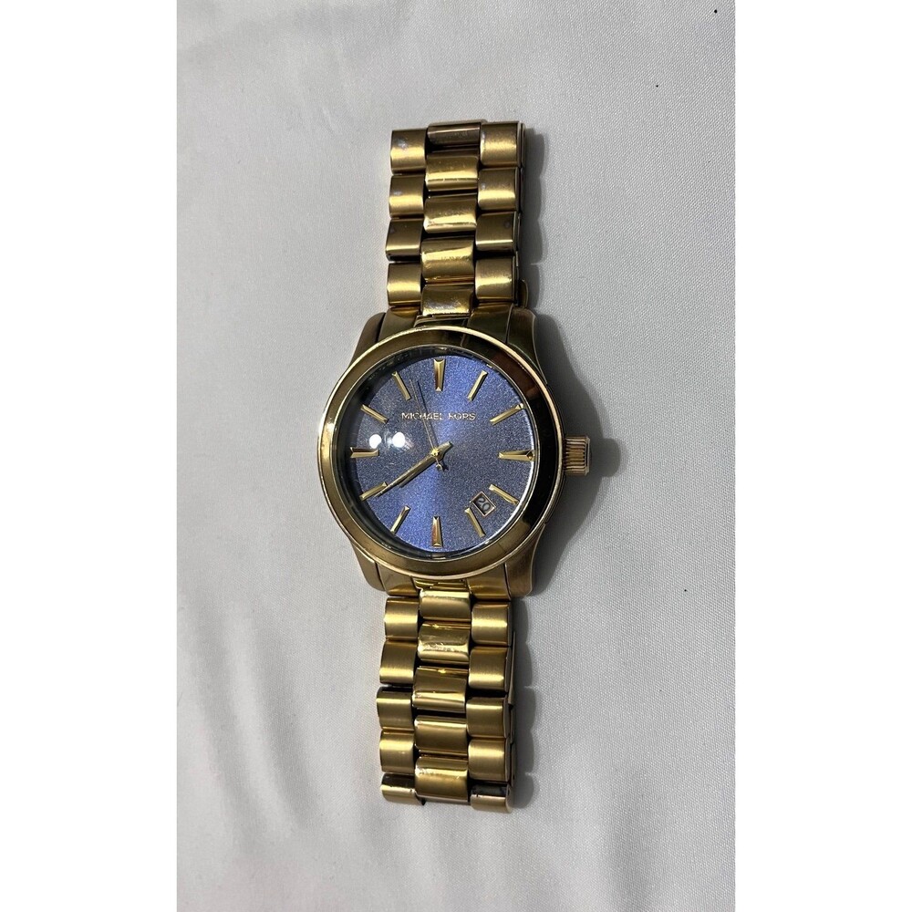 Michael Kors MK7049 Runway Gold Watch Blue Dial Date - Gently Used